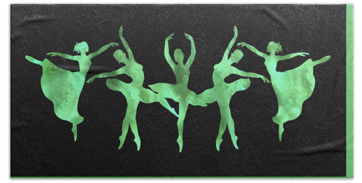 Ballerina Bath Towel featuring the painting Emerald Green Watercolor Ballerinas Silhouette On Black by Irina Sztukowski