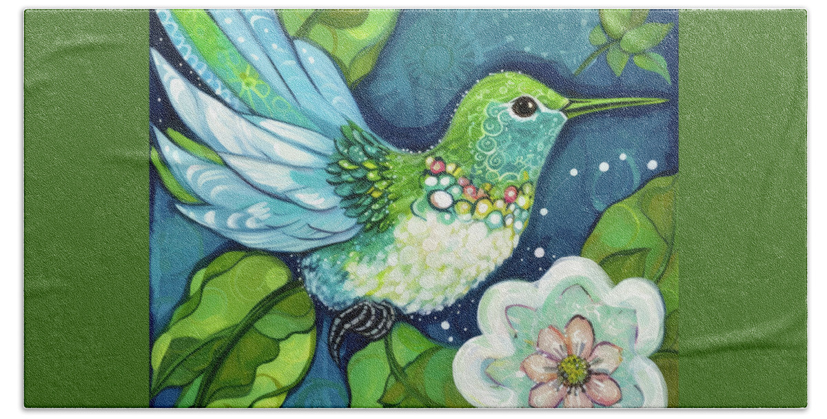 Hummingbird Hand Towel featuring the painting Emerald Hummingbird by Tina LeCour