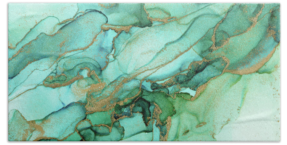 Ink Hand Towel featuring the painting Emerald Wave Abstract Ink by Olga Shvartsur