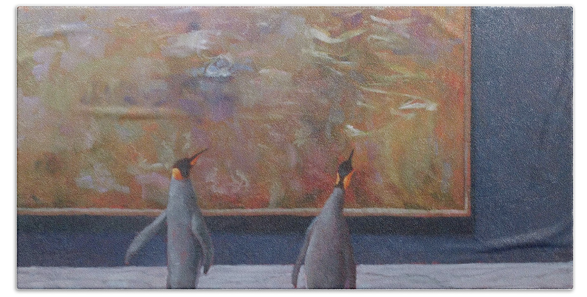 Emperor Penguins Bath Towel featuring the painting Emperors Enjoy Monet by Marguerite Chadwick-Juner