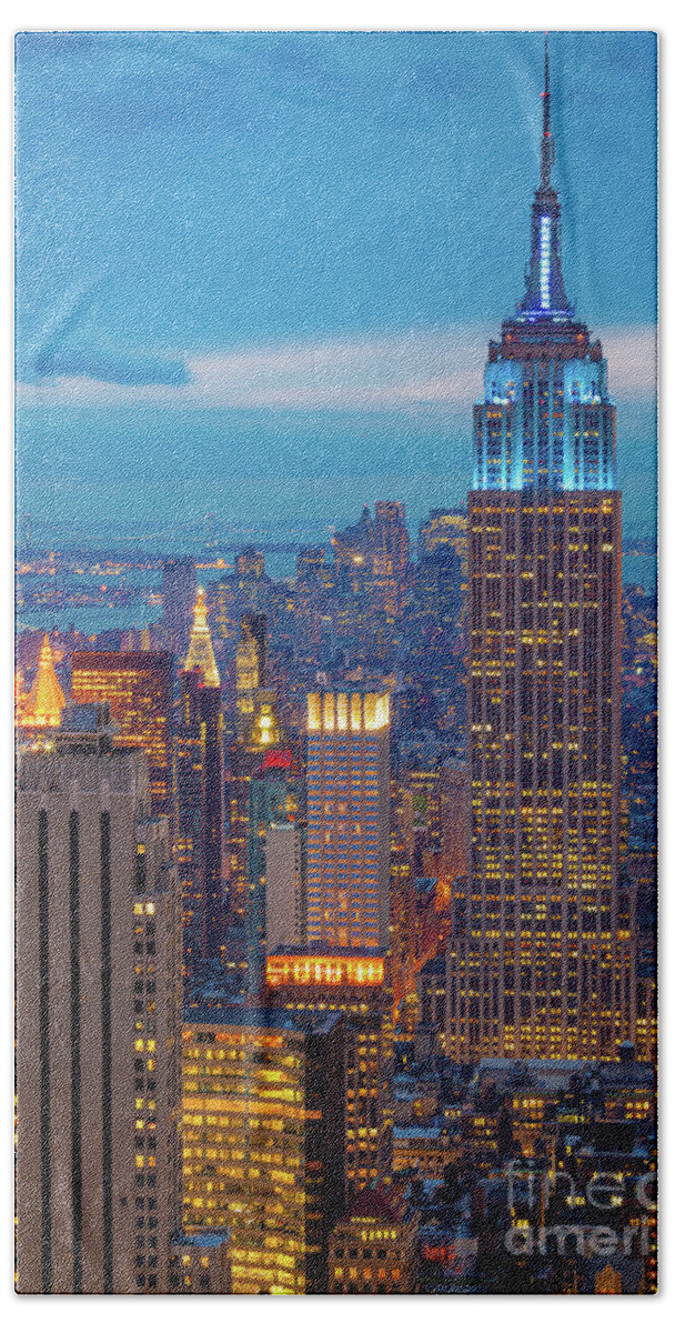 #faatoppicks Bath Towel featuring the photograph Empire State Blue Night by Inge Johnsson