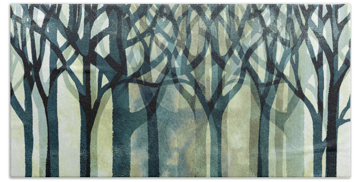 Abstract Forest Hand Towel featuring the painting Enchanted Forest In The Fog Watercolor Silhouette Trees Branches by Irina Sztukowski