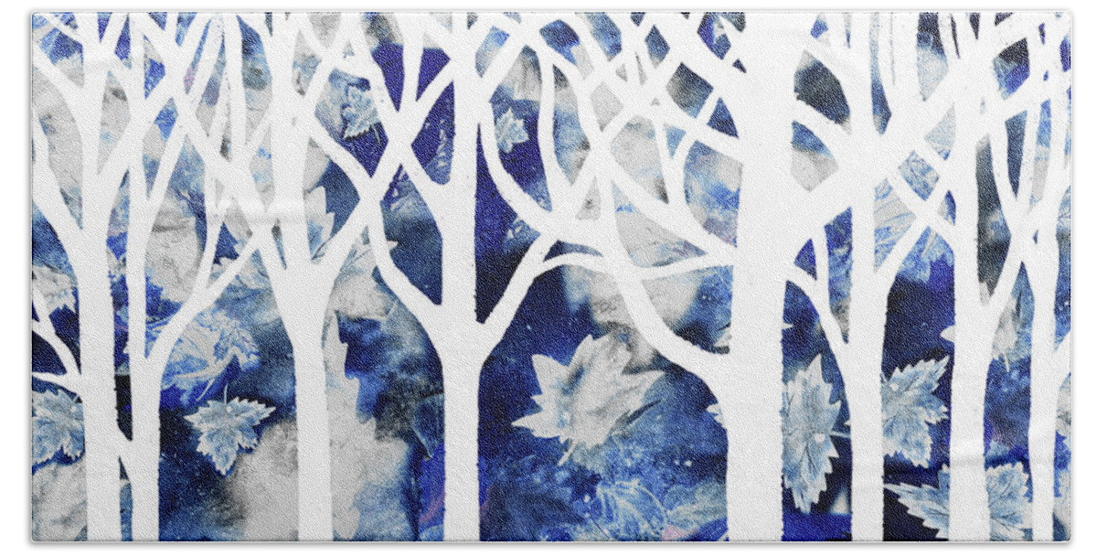 Abstract Forest Bath Towel featuring the painting Enchanted Winter Forest Watercolor Silhouette White Trees And Branches Blue Ground by Irina Sztukowski