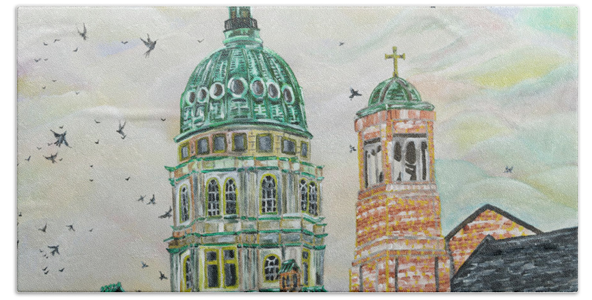 Acrylic Painting Art Bath Towel featuring the painting End Of The Green College Of Crows by The GYPSY and Mad Hatter