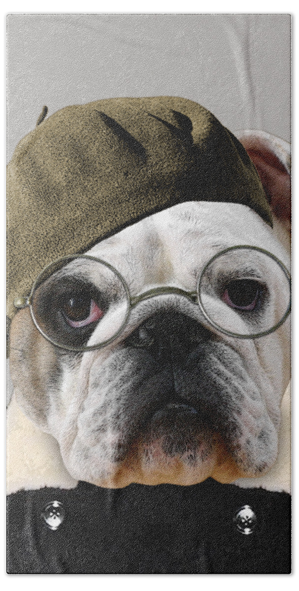 Bulldog Hand Towel featuring the digital art English Bulldog Gentleman by Madame Memento