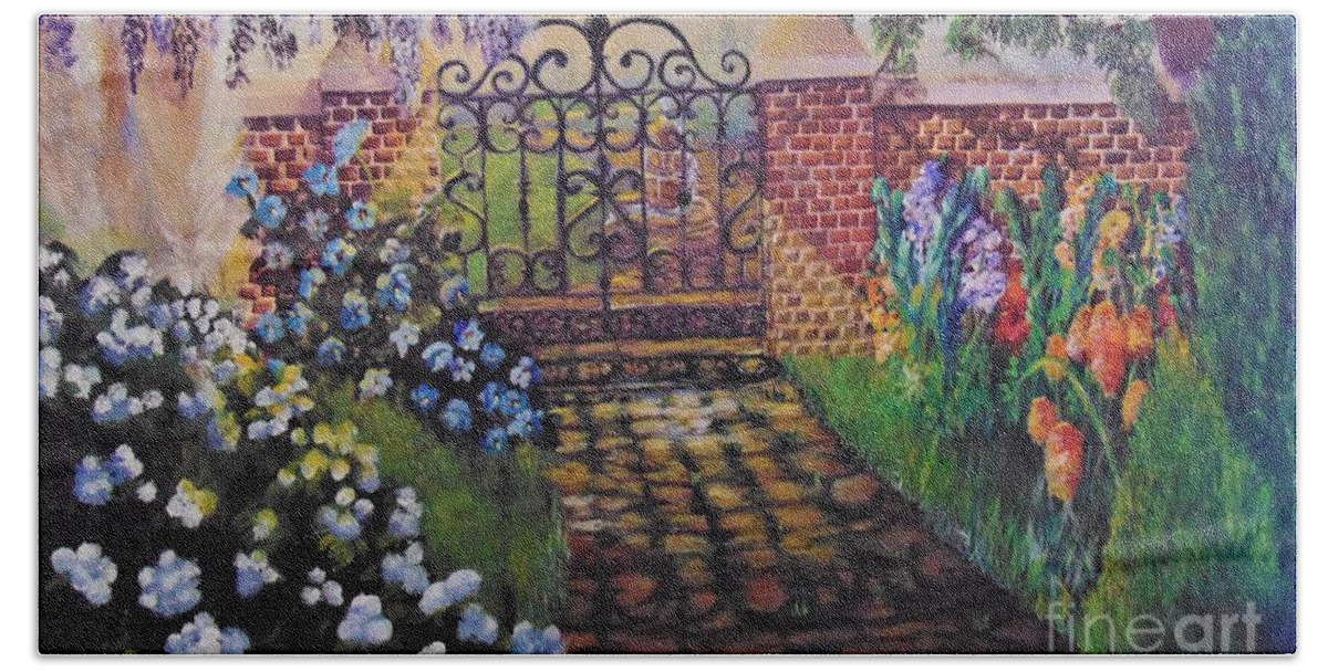 Garden Bath Towel featuring the painting English Garden by Saundra Johnson