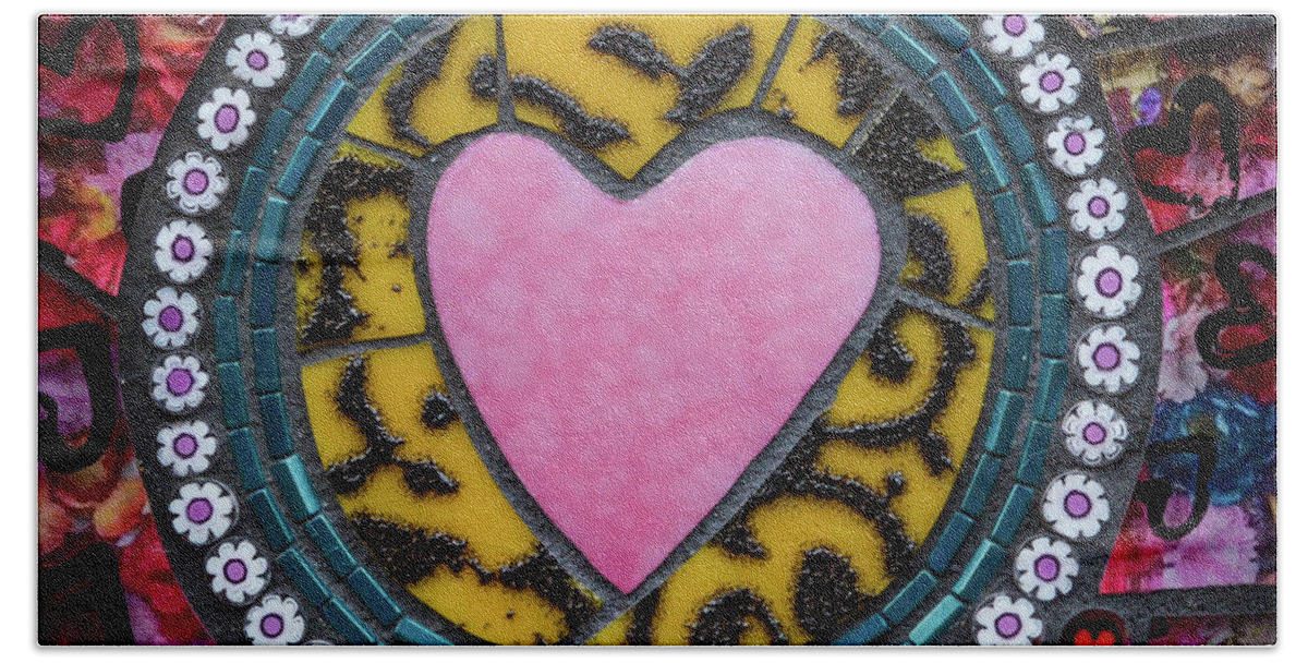 Mosaic Hand Towel featuring the glass art English Garden Signature Heart by Cherie Bosela