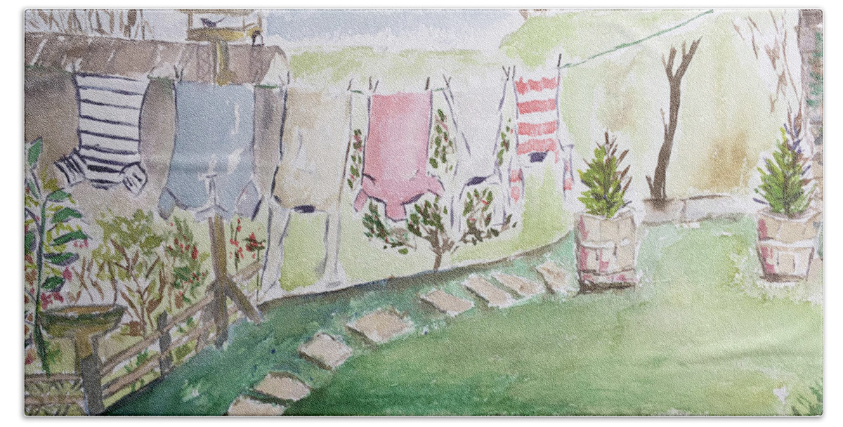 Laundry Bath Towel featuring the painting English Laundry by Roxy Rich