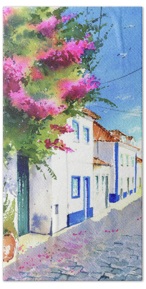 Ericeira Bath Towel featuring the painting Ericeira Street With Bougainvillea by Dora Hathazi Mendes