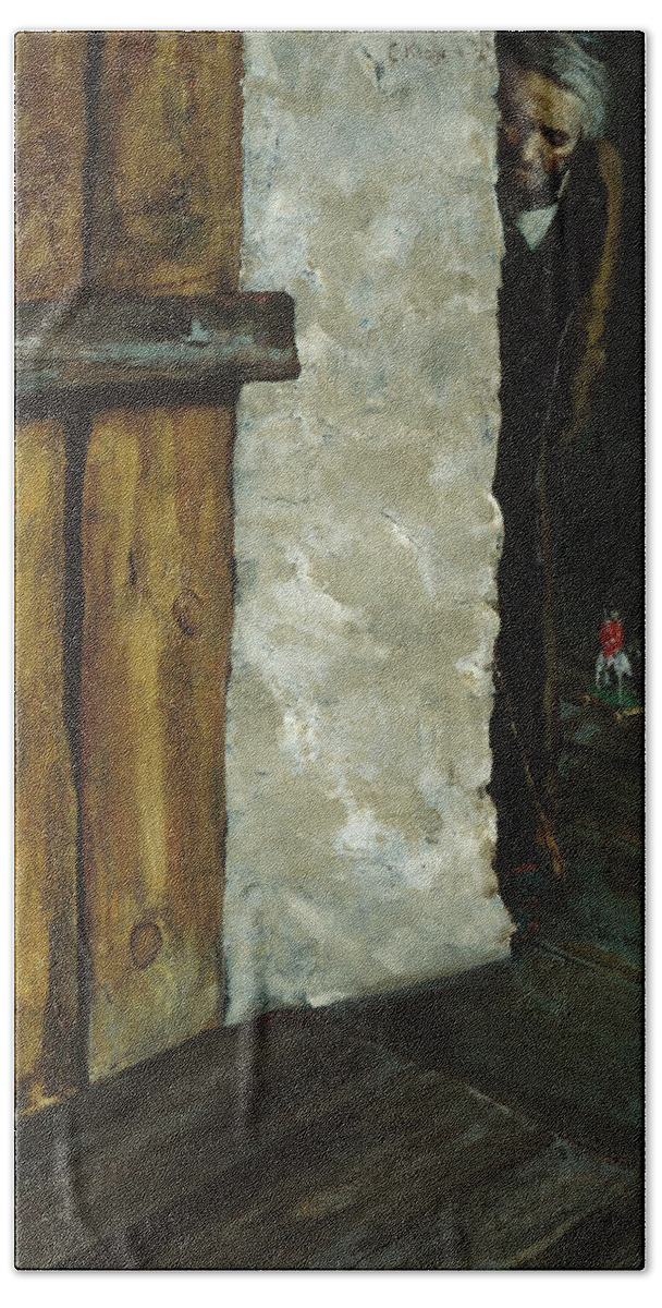 Christian Krohg Bath Towel featuring the painting Erwartung, Grandfather is coming, 1878 by O Vaering by Christian Krohg