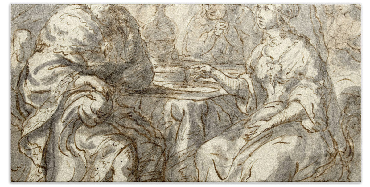 Zacharias Blijhooft Bath Towel featuring the drawing Esther's Banquet by Zacharias Blijhooft