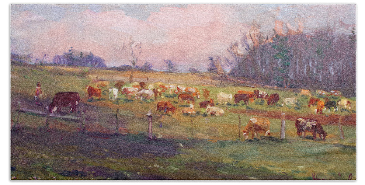 Cows Hand Towel featuring the painting Evening at the Farm Georgetown by Ylli Haruni