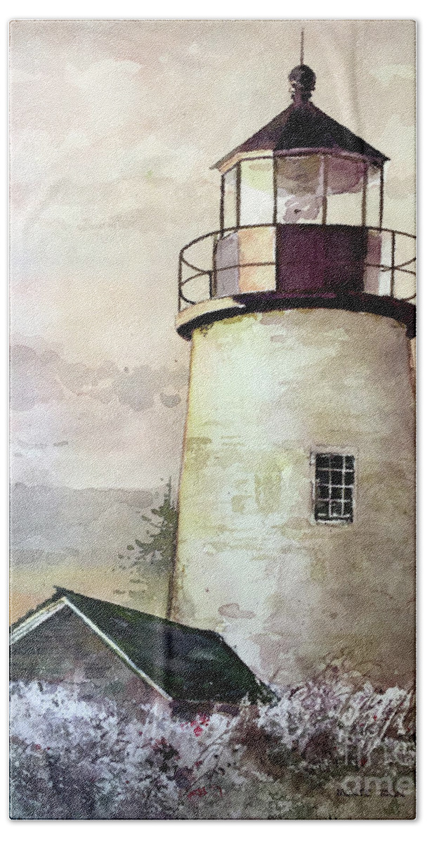 Sunset At The Pemaquid Point Lighthouse In Maine. Bath Towel featuring the painting Evening At The Light by Monte Toon