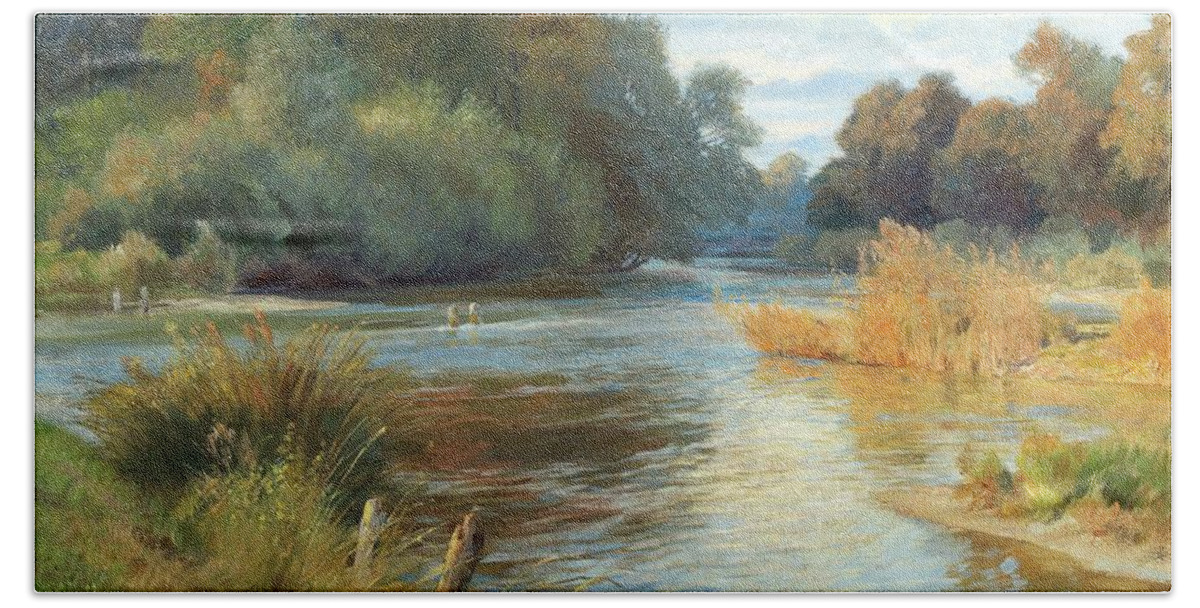 Hugo Darnaut (dessau 1851–1937 Merkenstein) Evening By The River Hand Towel featuring the painting Evening by the river scene in Dachau by Artistic Rifki