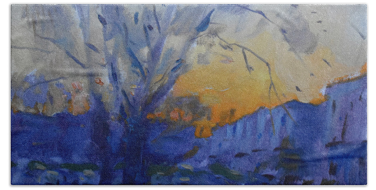 Evening Bath Sheet featuring the painting Evening on my Backyard by Ylli Haruni