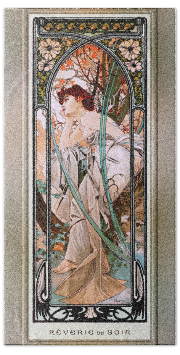Evening Reverie Bath Towel featuring the painting Evening Reverie by Alphonse Mucha Remastered Xzendor7 Retro Art Reproductions by Xzendor7