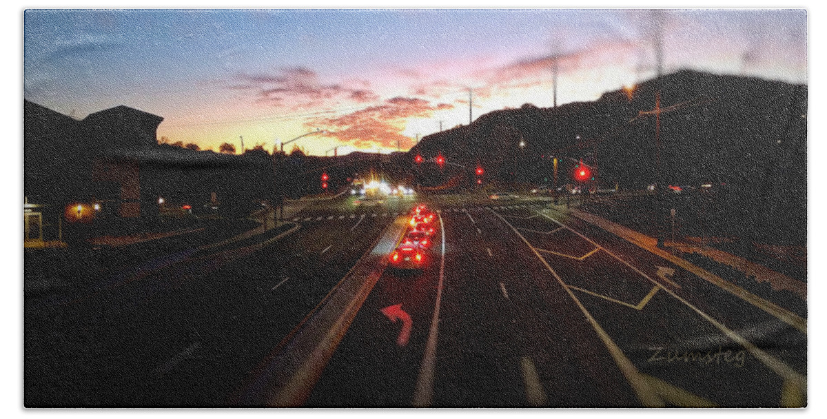 Sunset Hand Towel featuring the photograph Evening Traffic by David Zumsteg