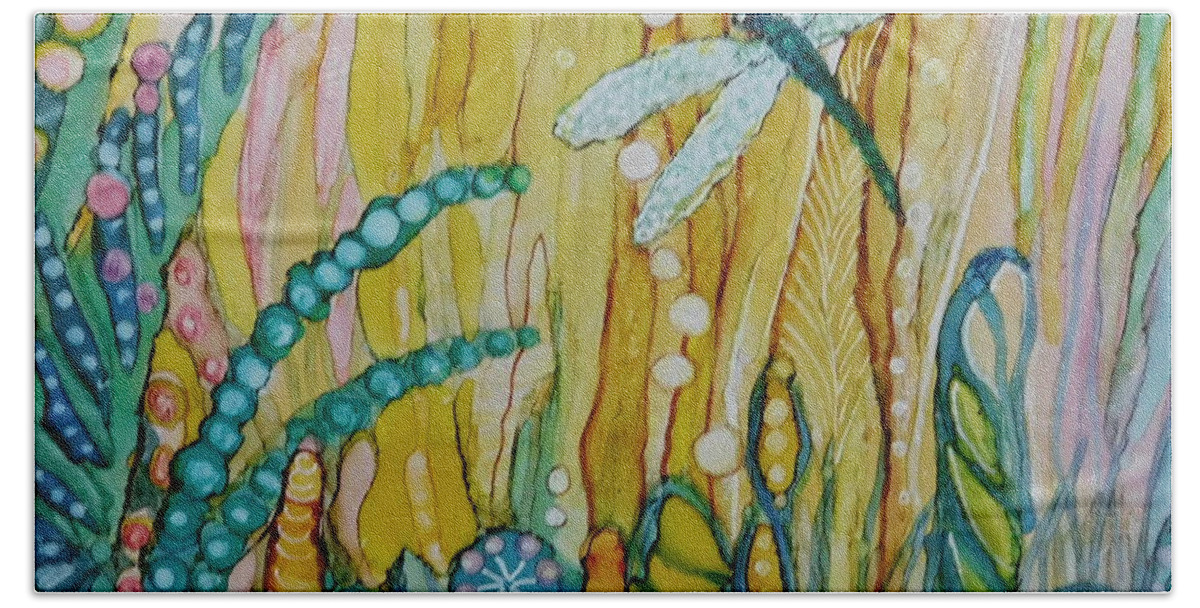 Who Doesn't Love Dragon Flies? Still Playing With My Inks As I Continue To Socially Distance During The Covid19 Pandemic. Hope My Personal Therapy Makes You Smile. Bath Towel featuring the painting Everyone's Favorite by Joan Clear