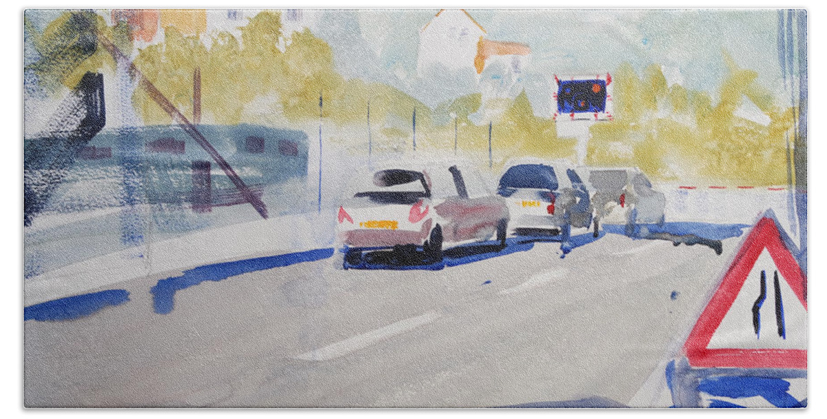 Cars Bath Towel featuring the painting Exeter Exwick Queue for St Davids Level Crossing painting by Mike Jory