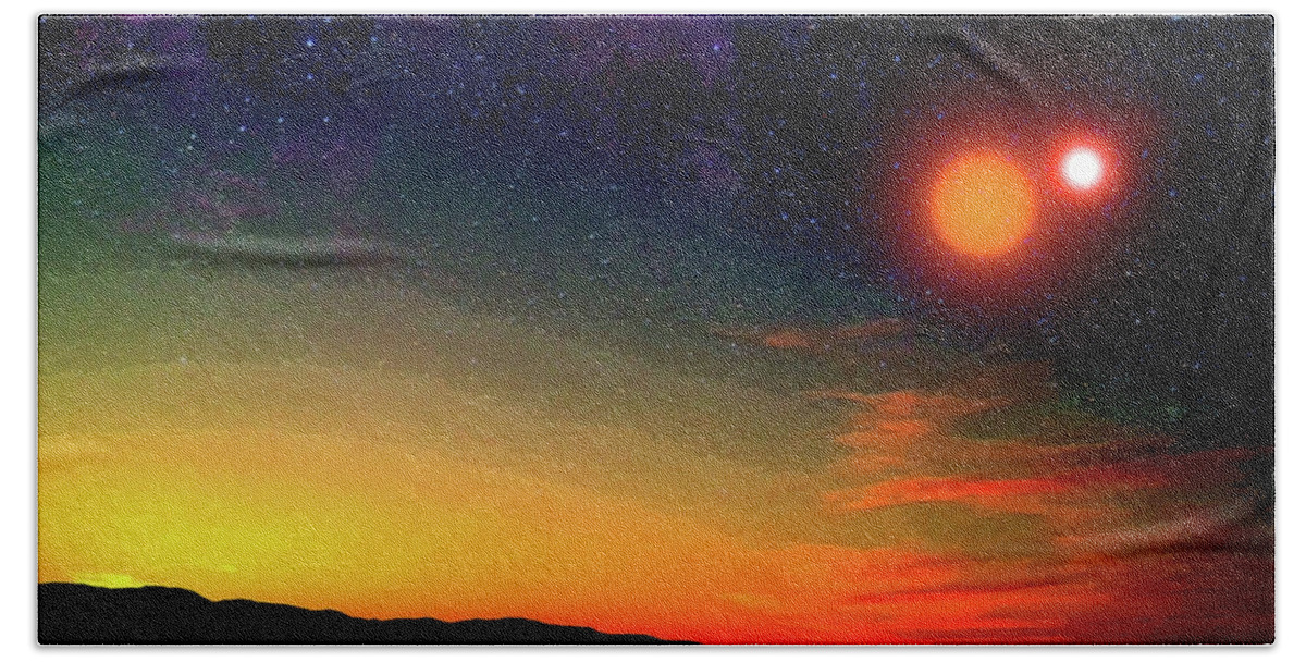 Sunset Bath Towel featuring the digital art Exoplanet Moon Rise by Don White Artdreamer