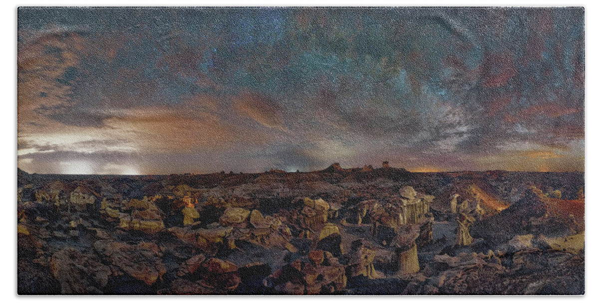 Bistibadlands Bath Towel featuring the photograph Exploring the Bisti Badlands of New Mexico with the Milky Way, under a bright New Mexico starry sky by Lena Owens - OLena Art Vibrant Palette Knife and Graphic Design