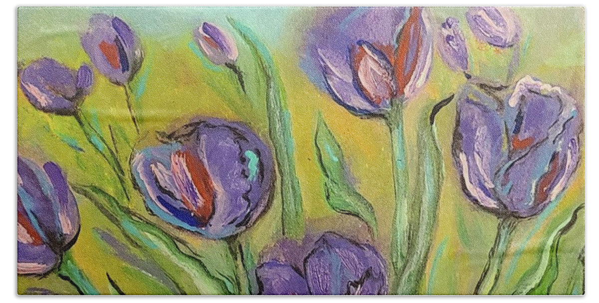 Tulips Bath Towel featuring the painting Exploring Tulips by Sidra Myers