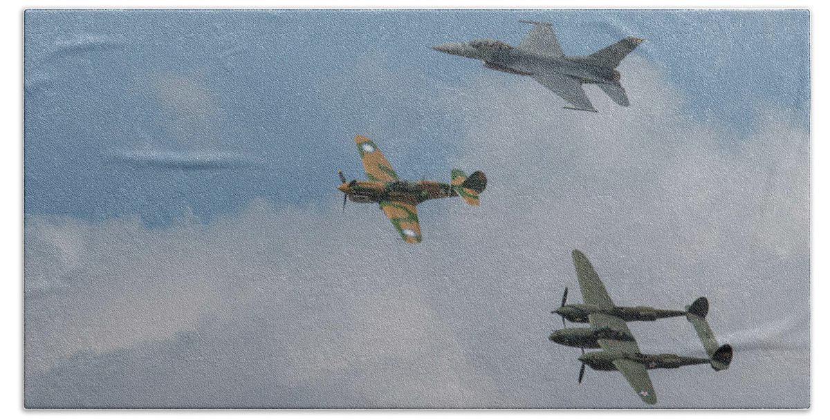 Aviation Bath Towel featuring the photograph F16 P40 and P38 Formation Flight by Carolyn Hutchins
