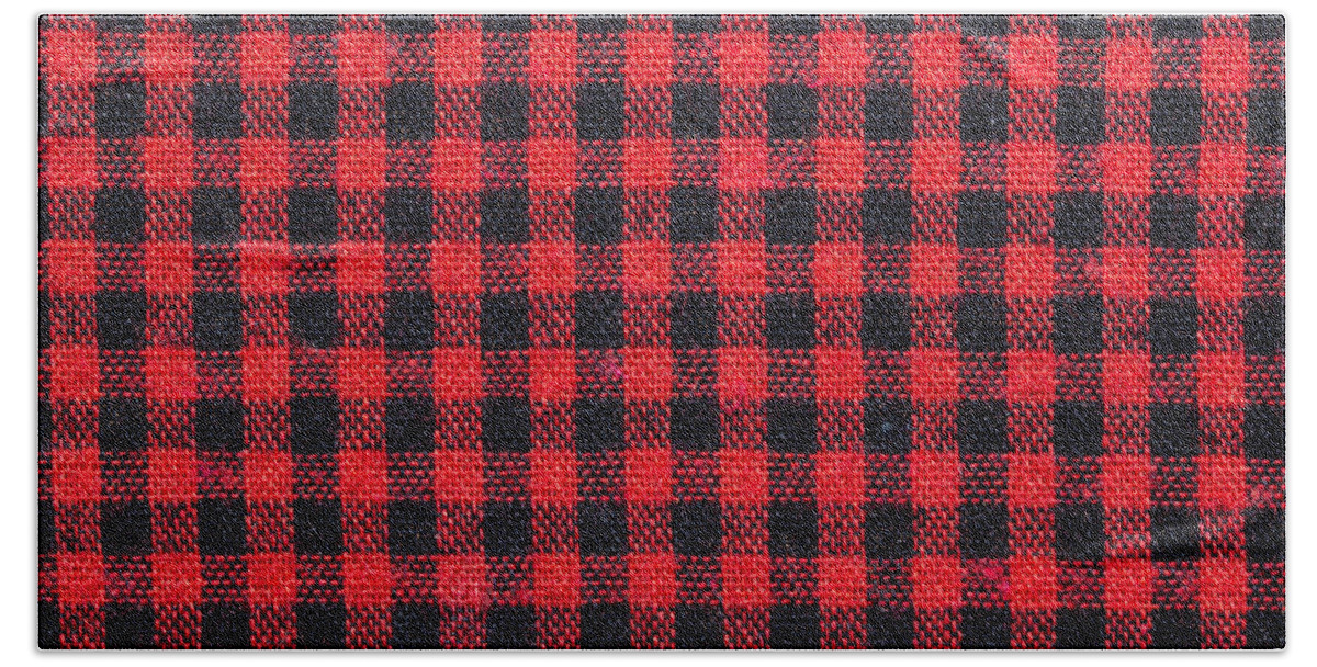 Fabric texture with grid pattern, red squares and black squares. Bath Towel  by Julien - Fine Art America