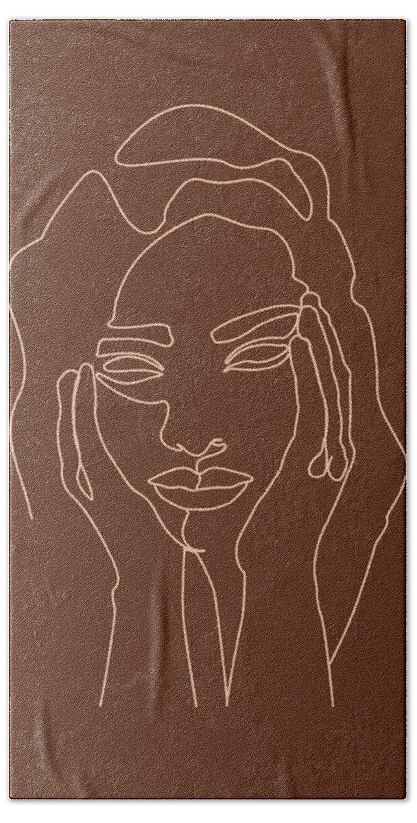 Portrait Bath Towel featuring the mixed media Face 05 - Abstract Minimal Line Art Portrait of a Girl - Single Stroke Portrait - Terracotta, Brown by Studio Grafiikka