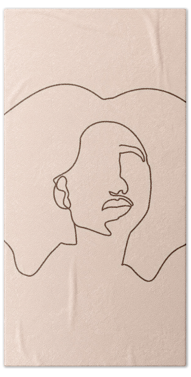 Portrait Hand Towel featuring the mixed media Face 09 - Abstract Minimal Line Art Portrait of a Girl - Single Stroke Portrait - Terracotta, Brown by Studio Grafiikka