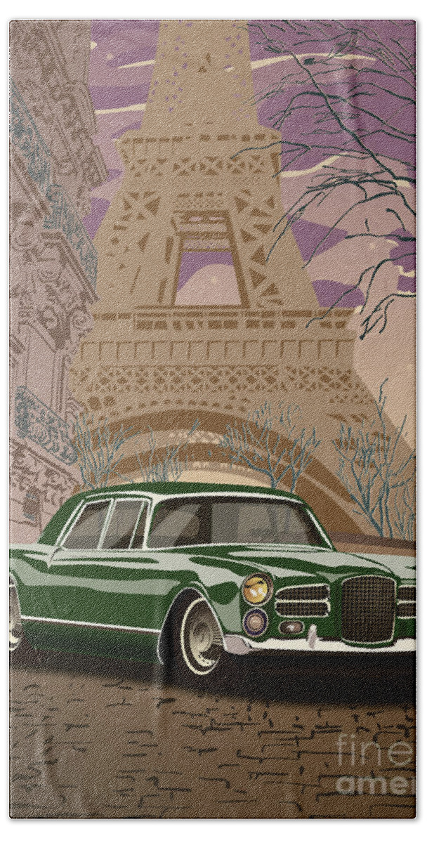 Art Deco Bath Towel featuring the digital art Facel Vega - Paris est a nous. Classic Car Art Deco Style Poster Print Green Edition by Moospeed Art