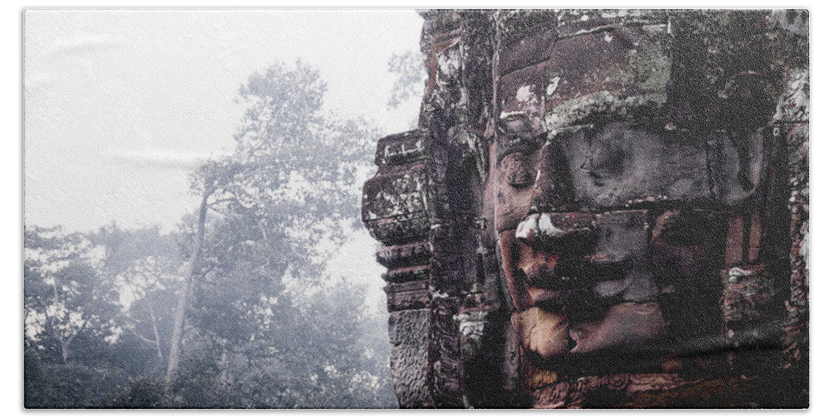 Battambang Bath Towel featuring the photograph Faces of Bayon in Siem Reap by Arj Munoz