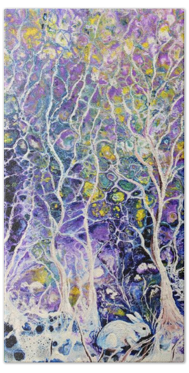 Wall Art Abstract Forest Gift For Her Home Décor Bunny White Forest White Bunny White Snow Acrylic Paint Painting On Canvas Wall Décor Gift Idea Pouring Art Pouring Technique Hand Towel featuring the painting Fairy Forest by Tanya Harr
