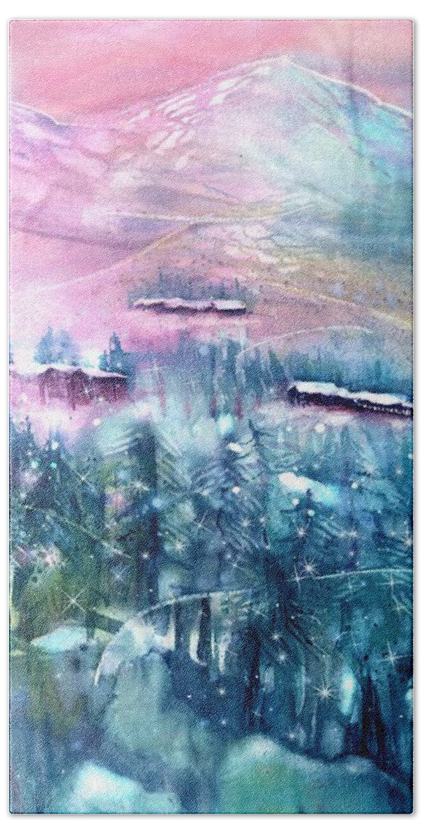 Swiss Stone Pine Fairy Forest Bath Towel featuring the painting Fairy Forest with Swiss Stone Pines by Sabina Von Arx