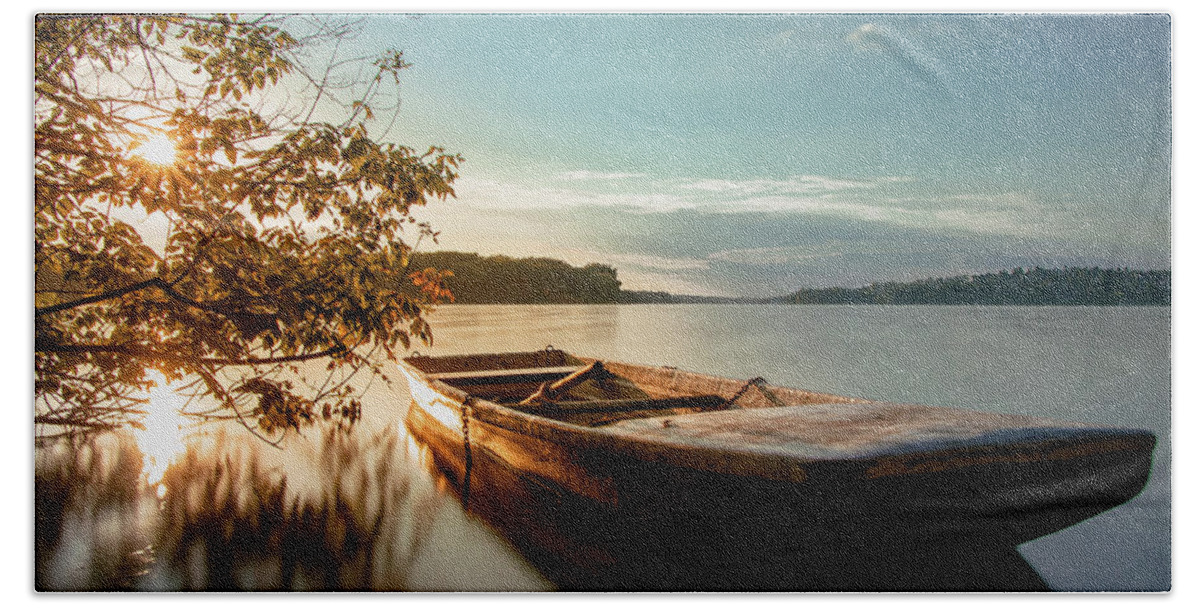 Rowboat Bath Towel featuring the photograph Fairy-tale boat moored on the shore by Vaclav Sonnek