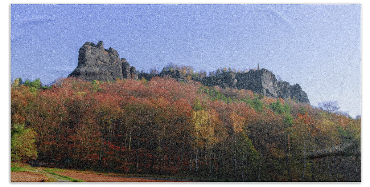 Saxon Switzerland Bath Towel featuring the photograph Fall colors around Lilienstein mountain by Sun Travels