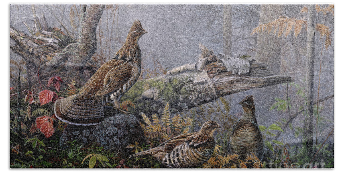 Scott Zoellick Bath Sheet featuring the painting Fall Gathering Roughed Grouse by Scott Zoellick