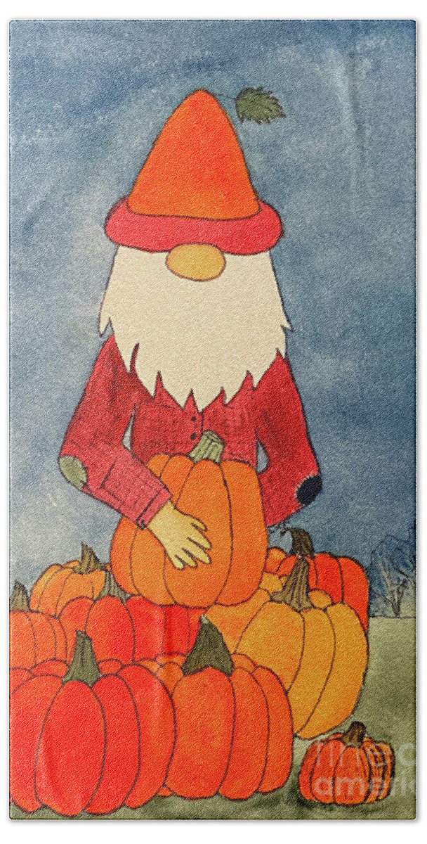 Fall Bath Towel featuring the mixed media Fall Gnome with Pumpkins by Lisa Neuman