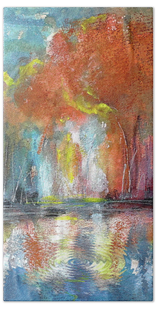 Orange Bath Towel featuring the painting Fall On The Pond Landscape by Lisa Kaiser