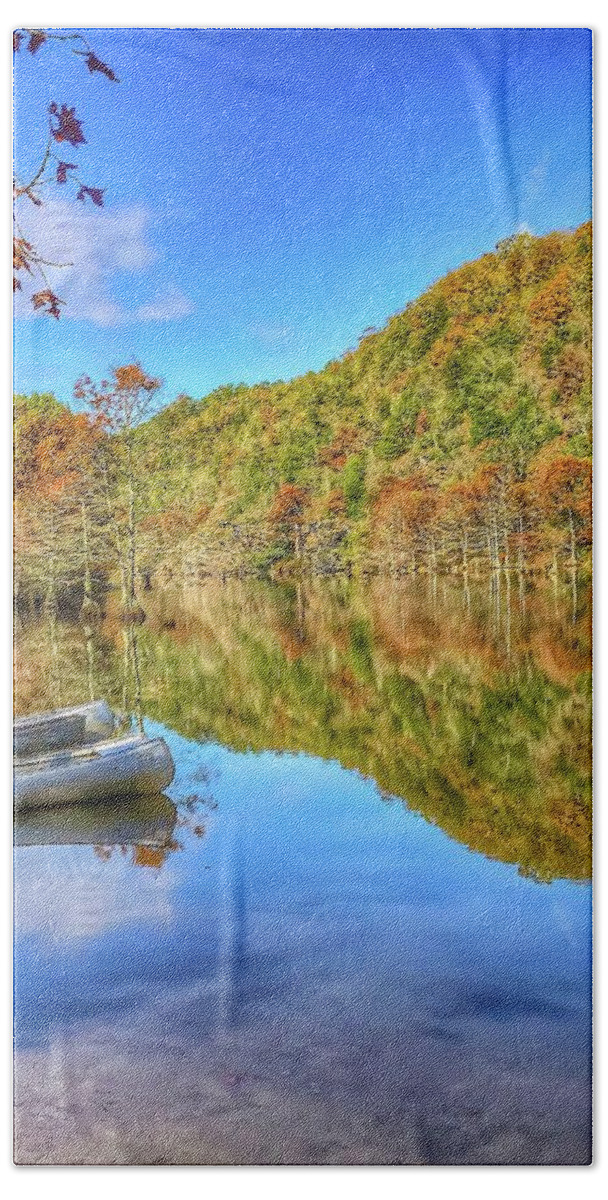 Canoes Bath Towel featuring the photograph Fall Reflections by Pam Rendall