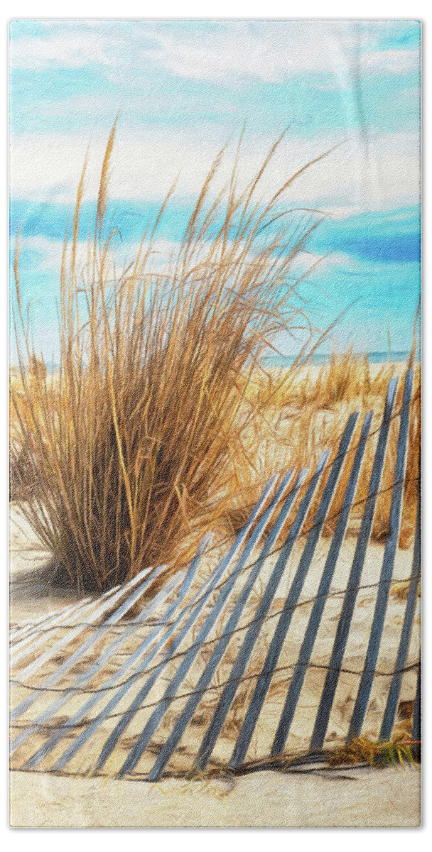 Sandy Hook Bath Towel featuring the photograph Falling Fence At The Beach by Gary Slawsky
