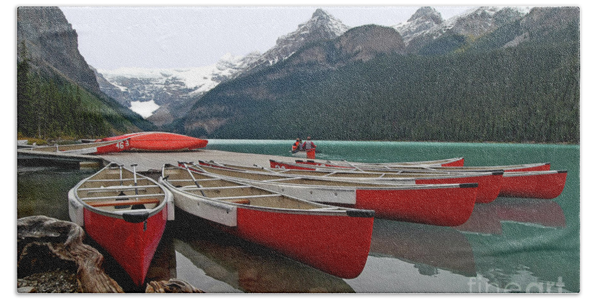 Alberta Hand Towel featuring the photograph Fan Shaped Canoes - Lake Louise Banff - Banff National Park - Alberta - Canada by Paolo Signorini