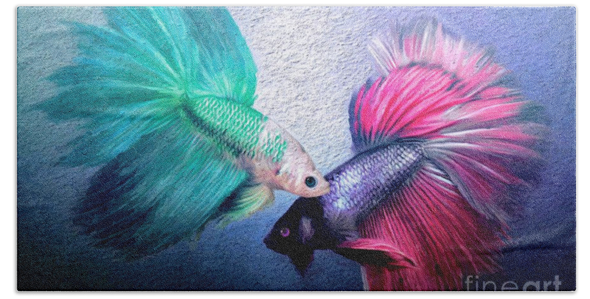 Original Composition By Breenabriggemanart ©2019 Oil Painting Canvas Giclee Gallery Bright Colorful Whimsical Contemporary Tropical Resort Holiday Vacation Holiday Destinations Greeting Cards Beach Towels Tote Bags Yoga Mats Framed Art Living Dining Bedroom Bathroom Business Duvet Cover Pillows Shower Curtains Towels Bath Towel featuring the mixed media Fancy Fish by Breena Briggeman