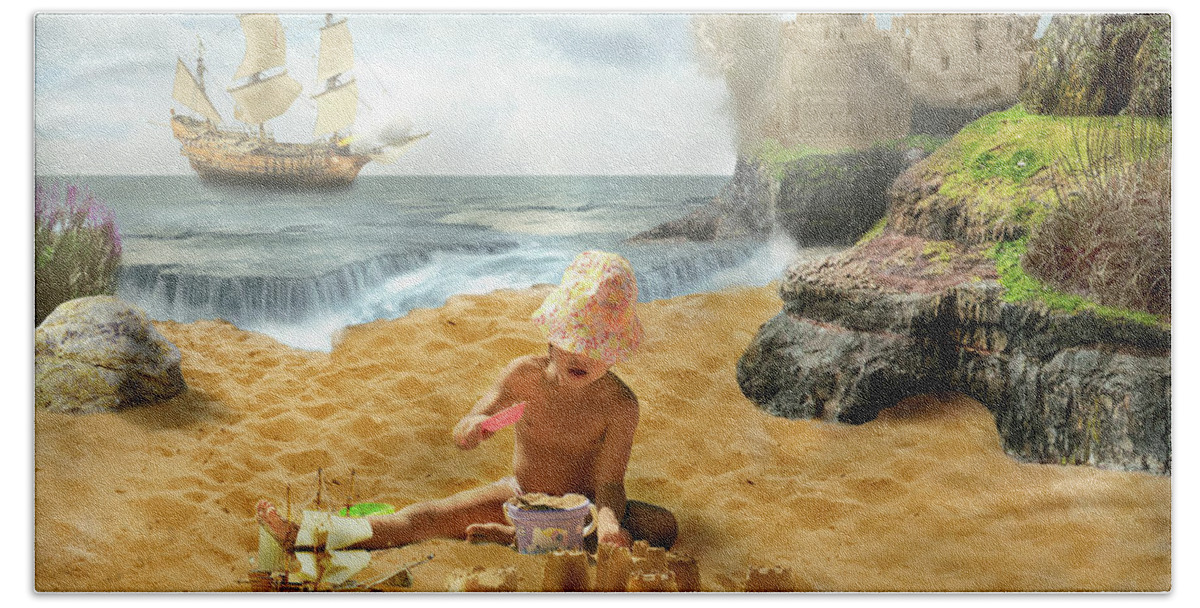 Imagination Bath Towel featuring the photograph Fantasy - Building a sandcastle by Mike Savad