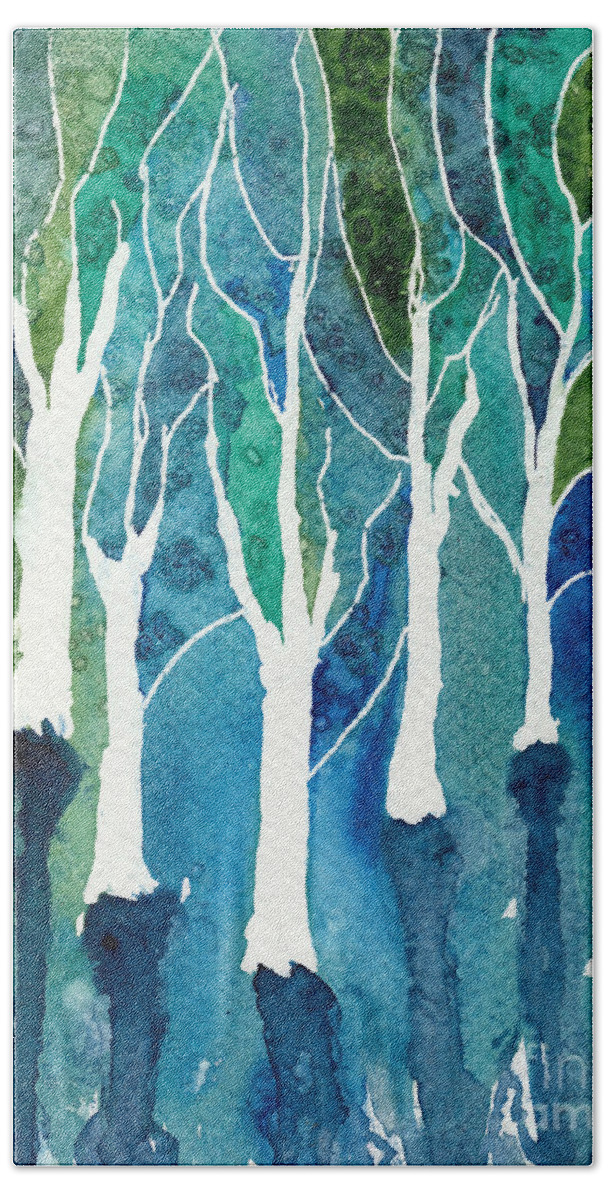 Abstract Forest Bath Towel featuring the painting Fantasy Forest in Watercolor by Conni Schaftenaar