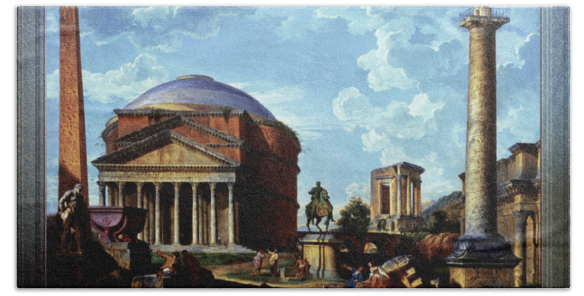 Architectural Fantasy Bath Towel featuring the painting Fantasy View with the Pantheon and other Monuments of Old Rome by Rolando Burbon