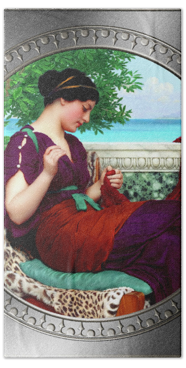 Far Away Thoughts Bath Towel featuring the painting Far Away Thoughts c1911 by John William Godward Fine Art Xzendor7 Old Masters Reproductions by Rolando Burbon