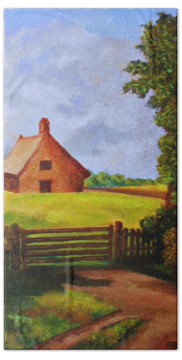 Original Paintings Bath Towel featuring the painting Farmhouse in Holland by Konstantinos Charalampopoulos