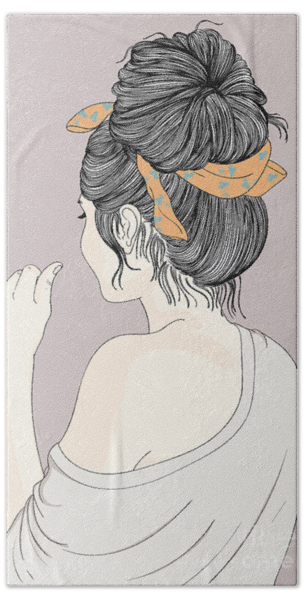 Graphic Bath Towel featuring the digital art Fashion Girl With Pretty Hairstyle - Line Art Graphic Illustration Artwork by Sambel Pedes
