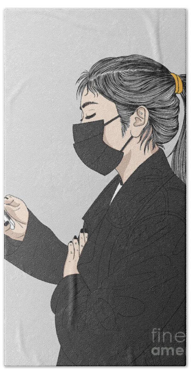 Graphic Bath Towel featuring the digital art Fashion Woman With A Mask Holding A Phone - Line Art Graphic Illustration Artwork by Sambel Pedes